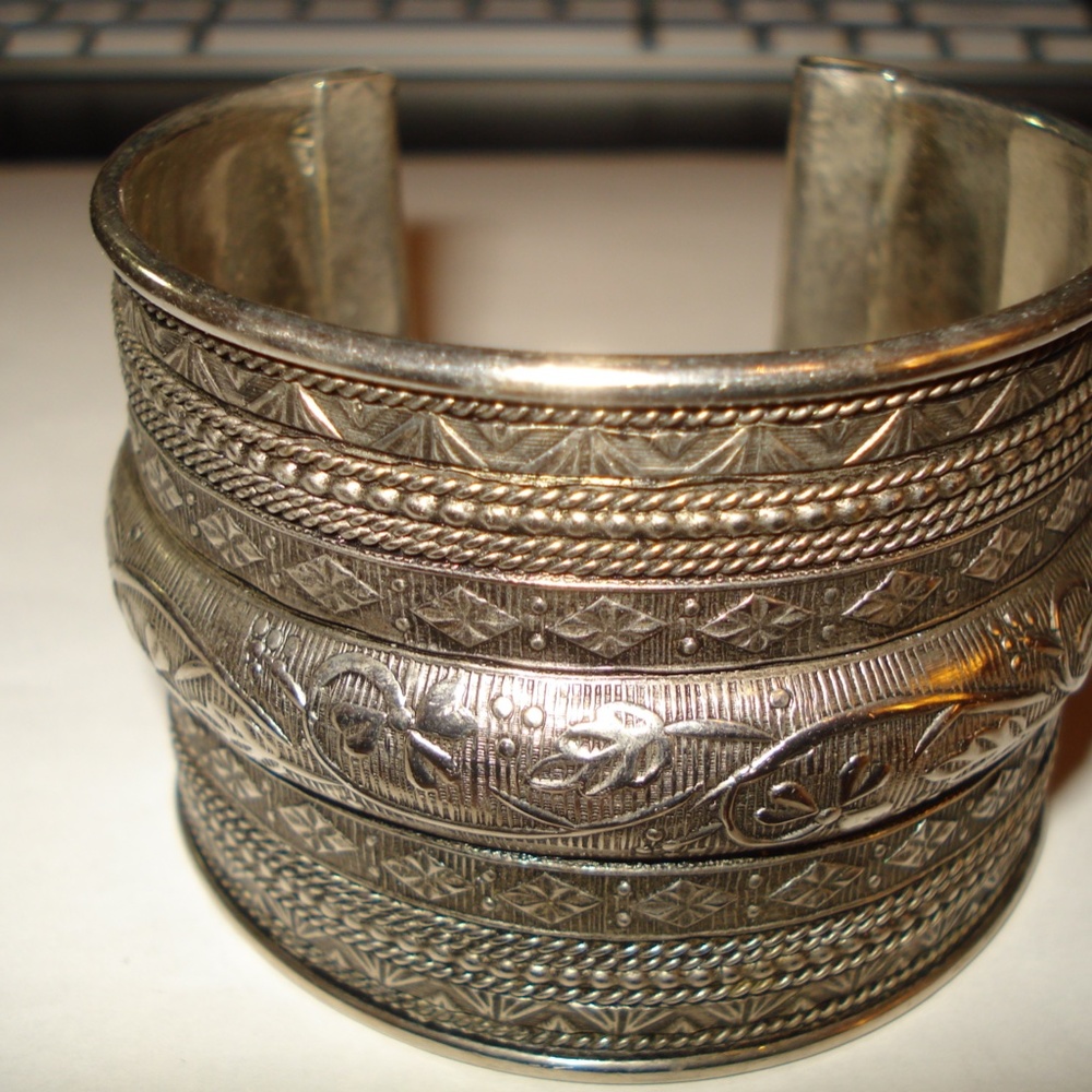 Silver Tone Very Detailed FloralWide Cuff Bracelet  India